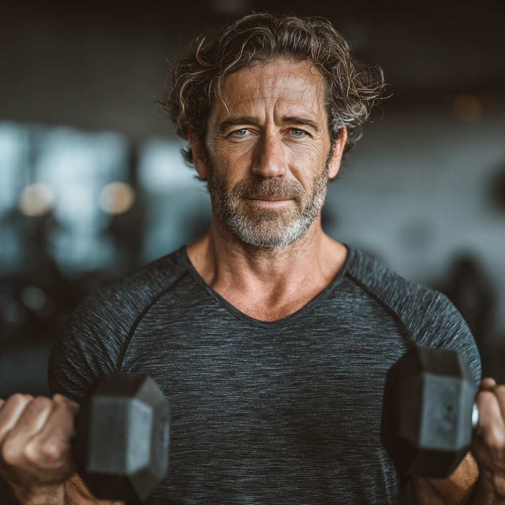Confident middle-aged man in his early fifties doing strength training with dumbbells in modern gym, showing determination and focus during workout