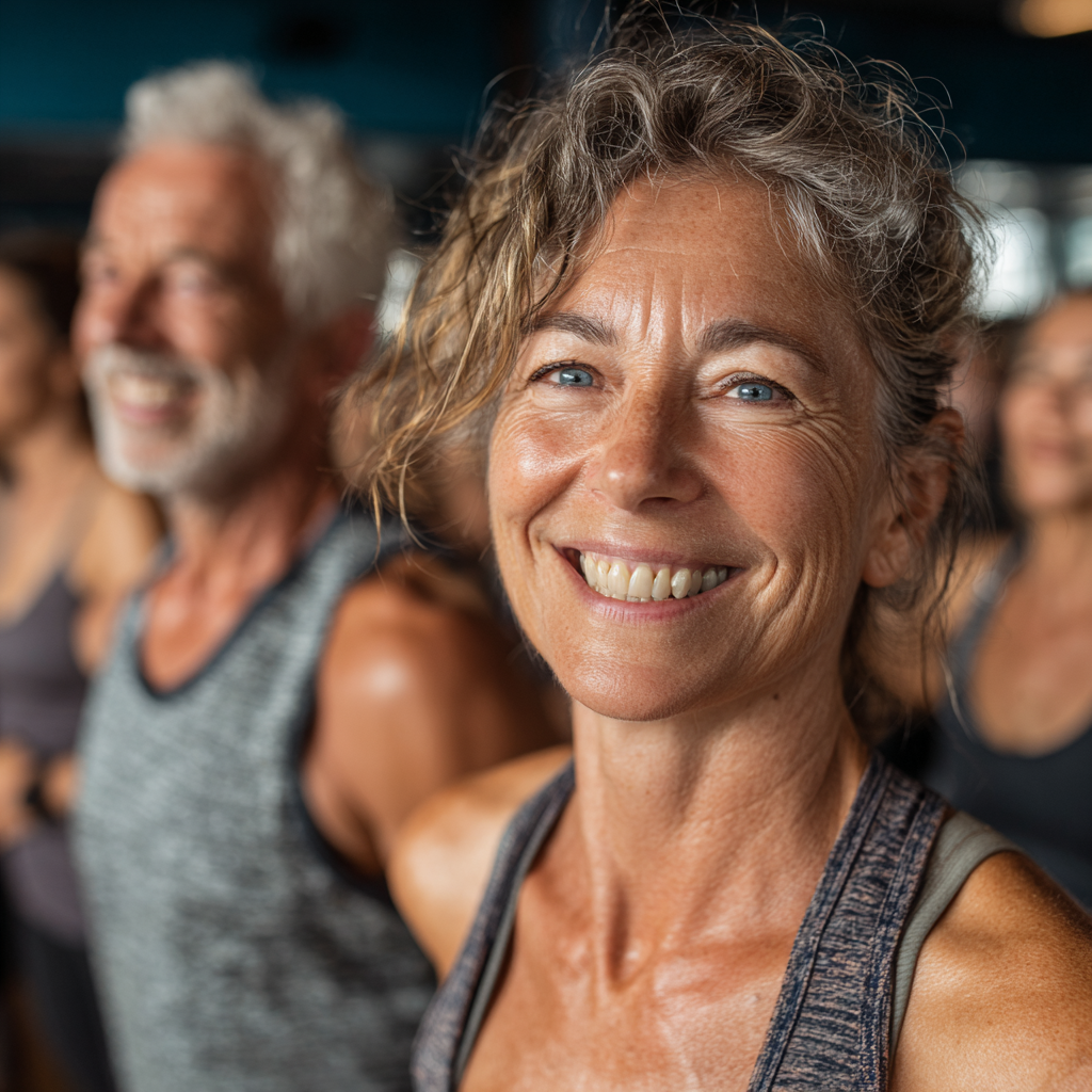 Energetic group of people in their forties and fifties enjoying fitness class together, smiling and showing positive attitude during workout session